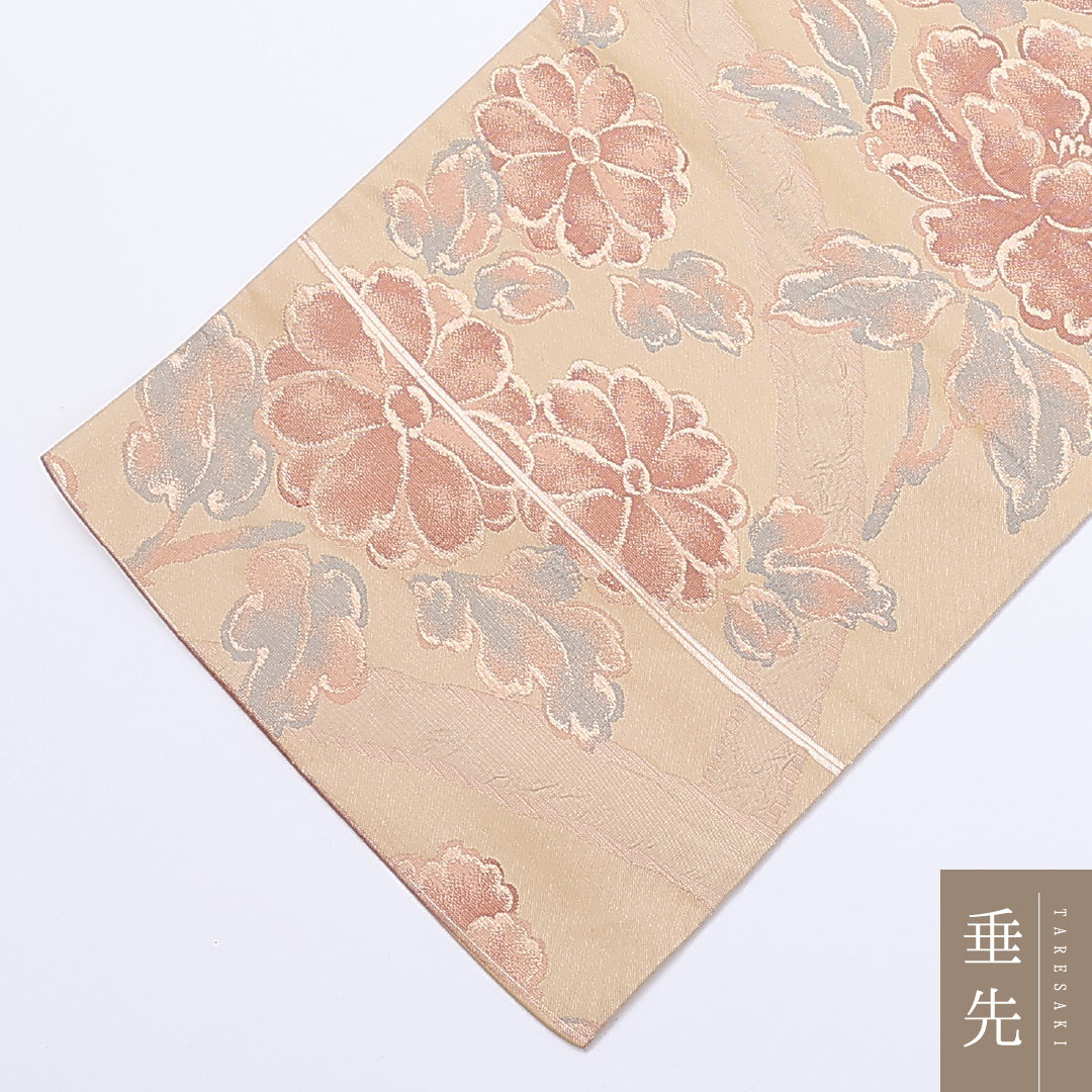 袋帯 帯丈424cm 六通 牡丹 金糸 セミフォーマル 金系 正絹 Sランク 1223-00967