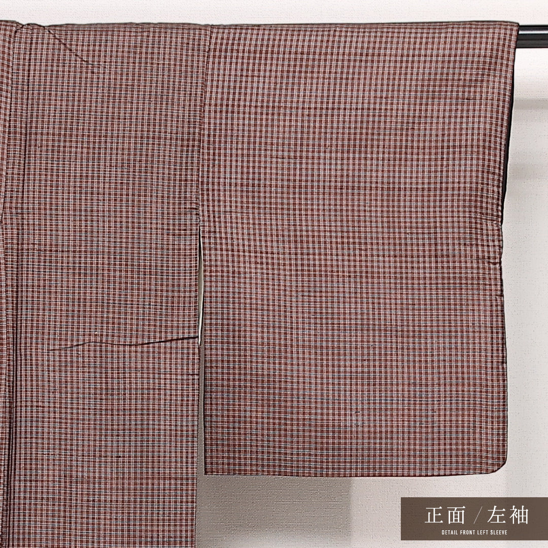 紬 袷 身丈152cm 裄丈62cm 正絹 Cランク カジュアル バチ衿 Sサイズ 格子 茶系 HP 1223-13383