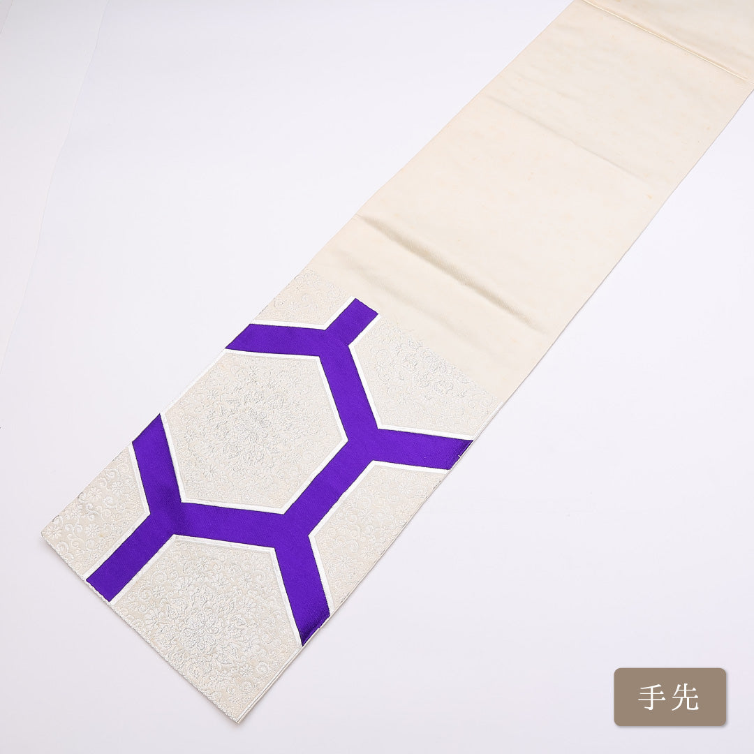 モダン 袋帯 帯丈420cm 六通 宝相華 亀甲 銀系 フォーマル 白系 正絹 Cランク 1223-00871