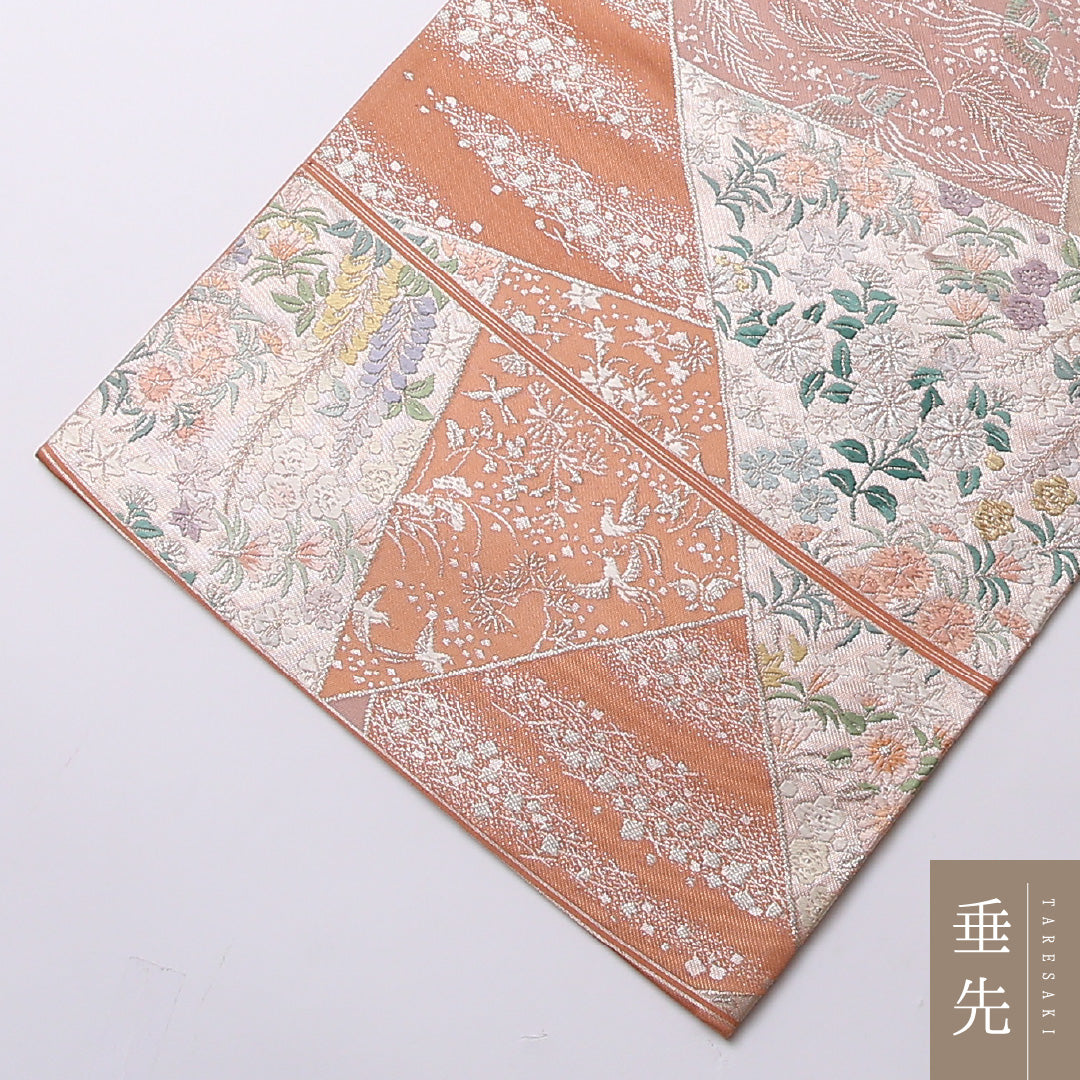 袋帯 帯丈442cm 六通 フォーマル Sランク 正絹 尾長鳥 藤 古典的 華やか 朱系 1223-01593