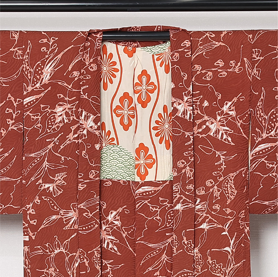 羽織 袷 身丈86cm 裄丈63cm 正絹 Cランク カジュアル Sサイズ 植物柄 茶系 HP 1232-12782