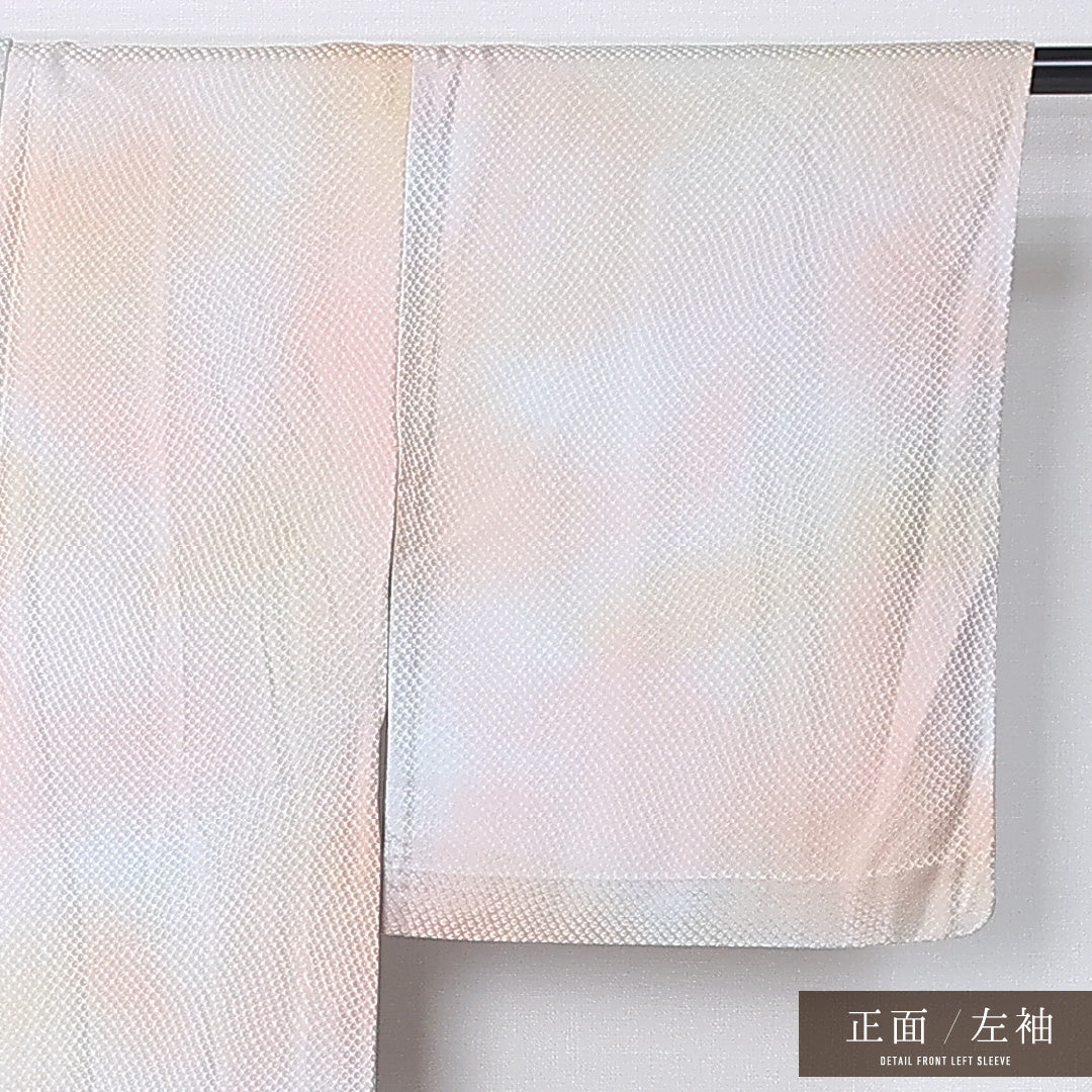 小紋 単衣 身丈161cm 裄丈62cm 正絹 Sランク 一つ紋 (雪輪に蔦) セミフォーマル バチ衿 Lサイズ ぼかし染 肩当て 抽象柄 グレー系 RP 1221-12286