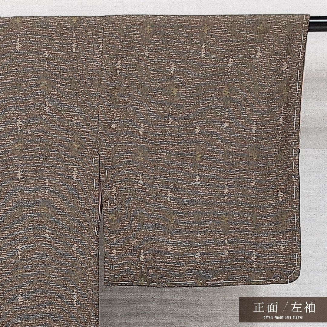 アンティーク お召 袷 身丈148cm 裄丈62cm 正絹 Aランク バチ衿 XSサイズ 創作柄 茶系 RP 1222-14452