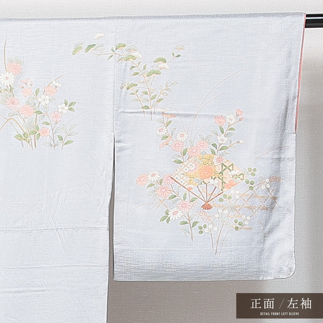 訪問着 袷 身丈160cm 裄丈65cm 正絹 Aランク Lサイズ 広衿 セミフォーマル 扇 グレー系 1212-14805