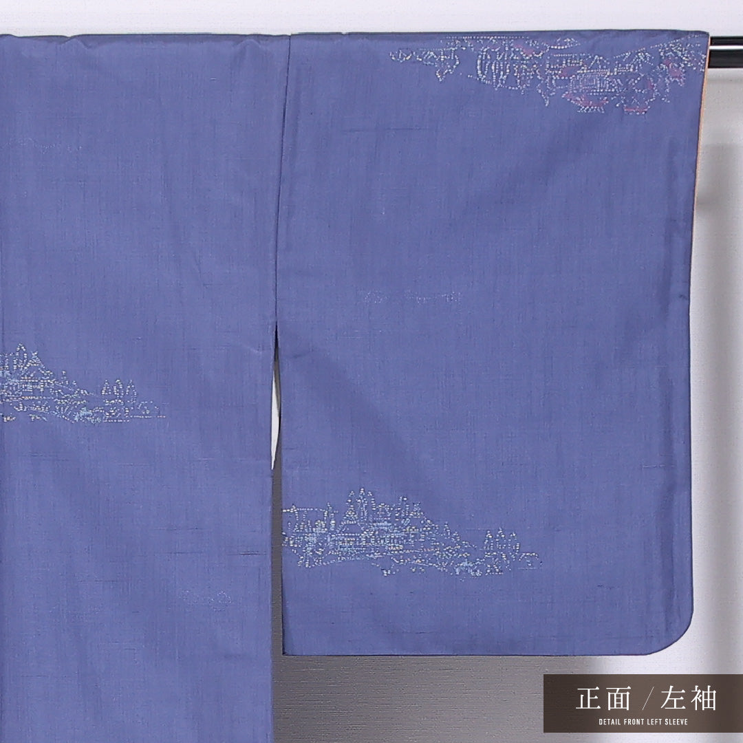 紬 袷 身丈160cm 裄丈63cm 正絹 Cランク カジュアル 広衿 Lサイズ 経総絣 風景柄 建物 紫系 LP 1223-11565