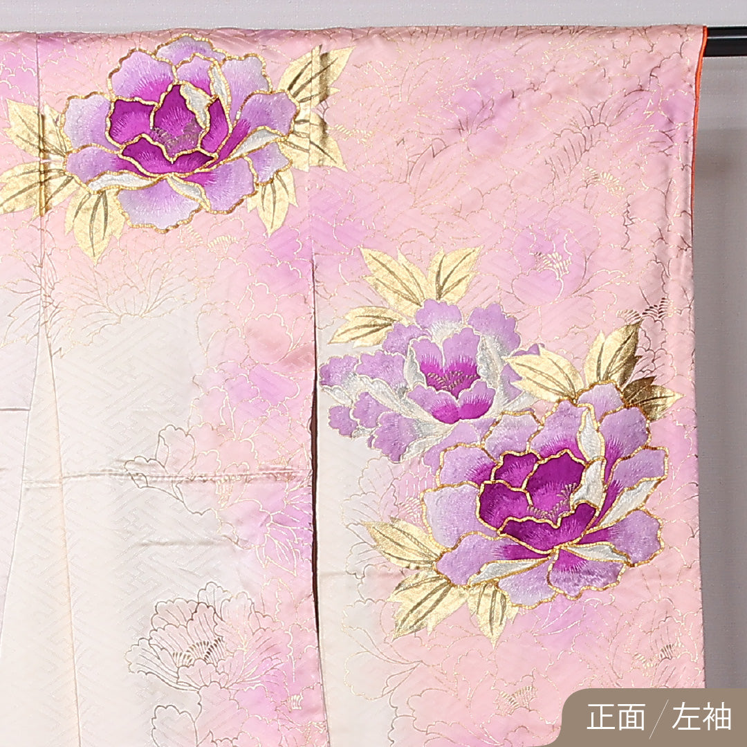 振袖 身丈167cm 裄丈67cm Sランク 正絹 袷 広衿 XL 刺繍 金駒刺繍 牡丹 フォーマル 古典的 重厚感 ピンク系 1213-F0459