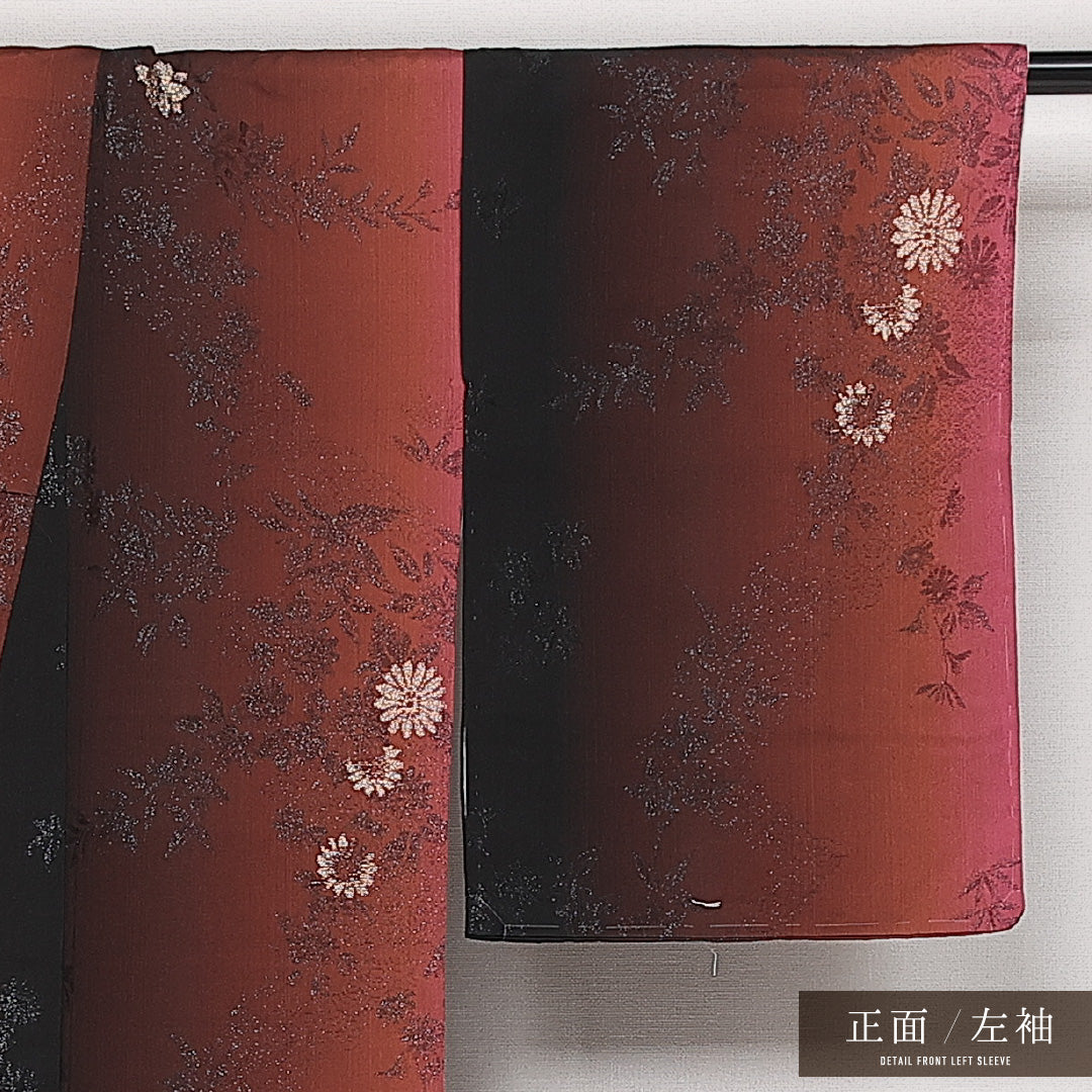 お召 袷 身丈147cm 裄丈60cm 正絹 Aランク インフォーマル 広衿 XSサイズ しつけ糸 菊 赤系 RP 1222-13653