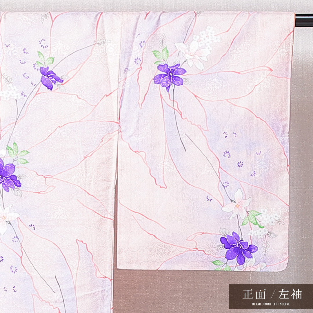 小紋 洗える着物 袷 身丈160cm 裄丈62cm ポリエステル Aランク Lサイズ 広衿 インフォーマル 花柄 ピンク系 紫系 1215-14973