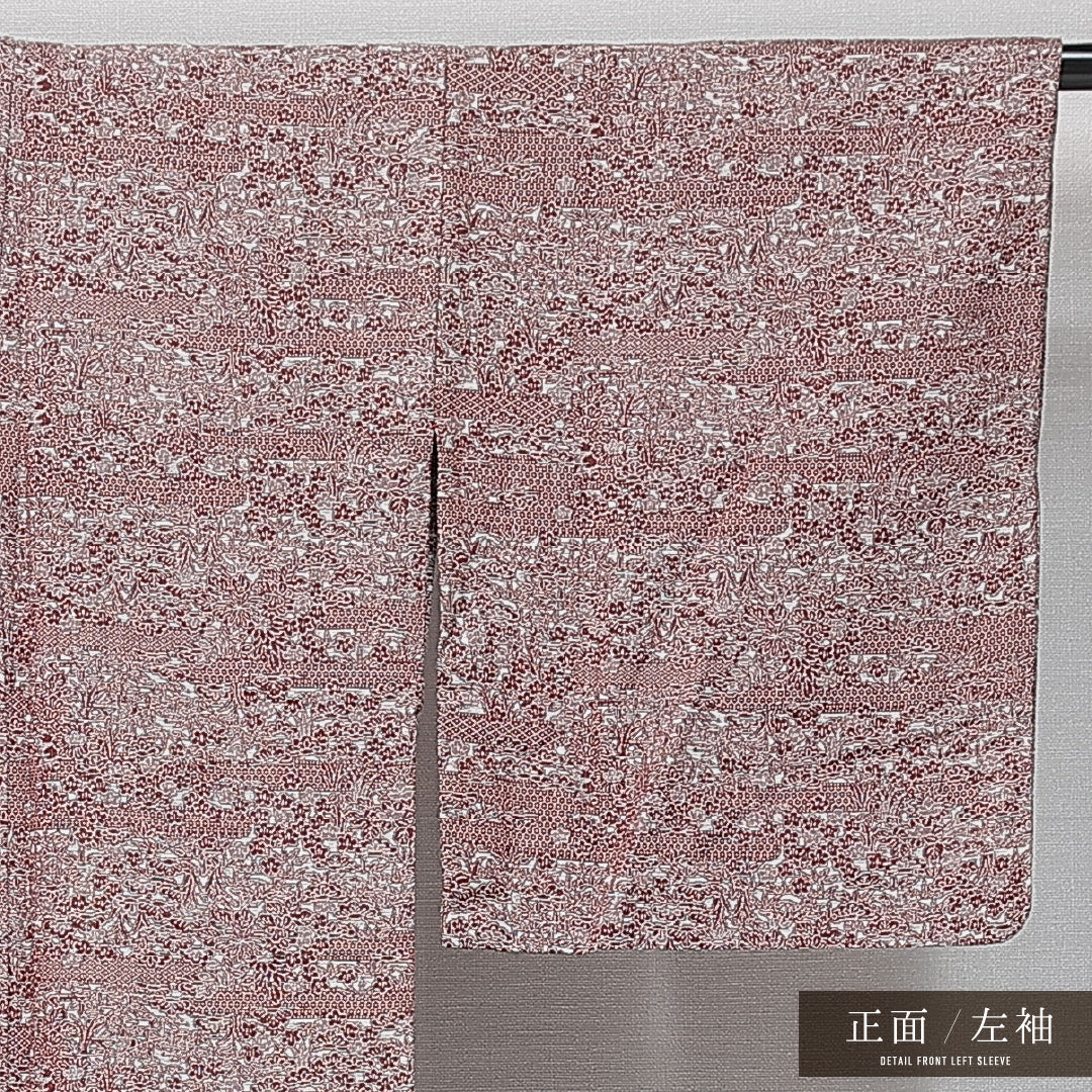 洗える着物 ウールの紬 単衣 身丈143cm 裄丈62cm ウール Aランク カジュアル バチ衿 XSサイズ 居敷当て 肩当て 植物柄 紫系 HP 1223-14784