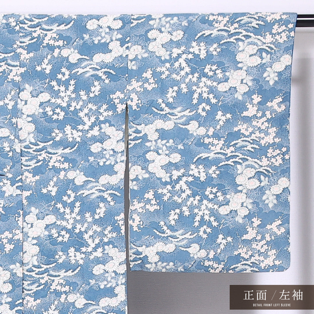 小紋 袷 身丈152cm 裄丈62cm 正絹 Sランク インフォーマル 広衿 Sサイズ 菊 紅葉 青系 RP 1221-11566