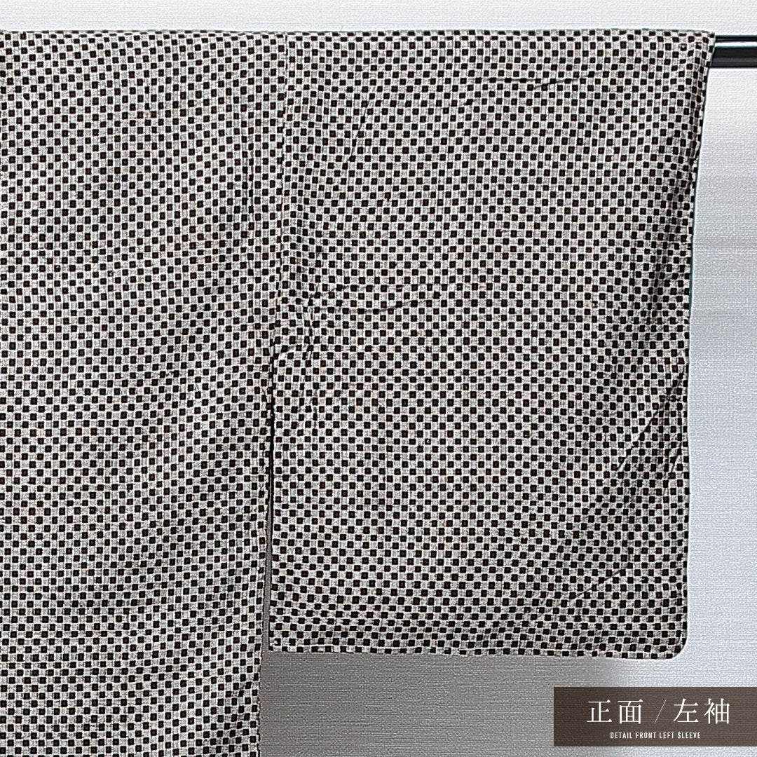 紬 袷 身丈143cm 裄丈62cm 正絹 Aランク XSサイズ バチ衿 カジュアル 市松 茶系 1216-14854