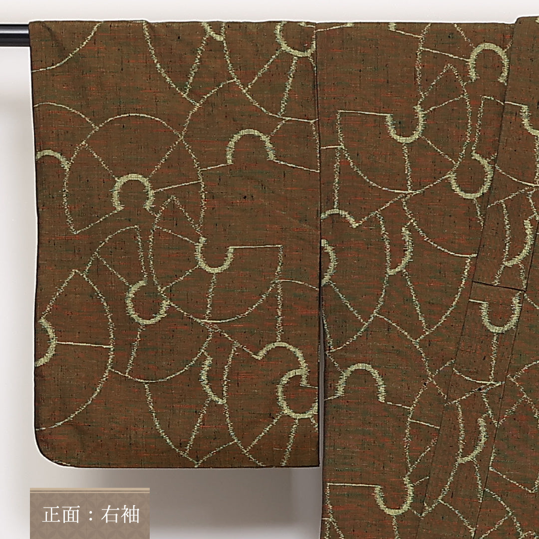 紬 袷 身丈159cm 裄63cm 正絹 幾何学 緑系 Sランク 1216-01372