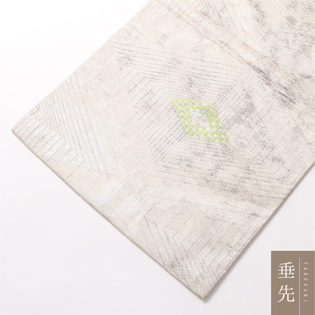 九寸名古屋帯 帯丈356cm セミフォーマル 開き仕立て ポイント柄 Sランク 正絹 銀箔 菱 白系 銀系 1224-03143