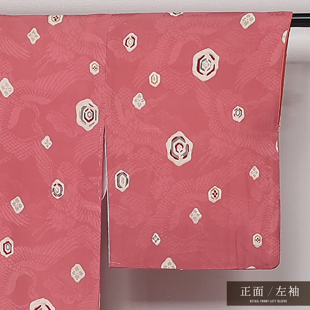 小紋 袷 身丈150cm 裄丈62cm 正絹 Sランク 紋意匠 (鶴) インフォーマル 広衿 Sサイズ 花菱 ピンク系 RP 1221-13620