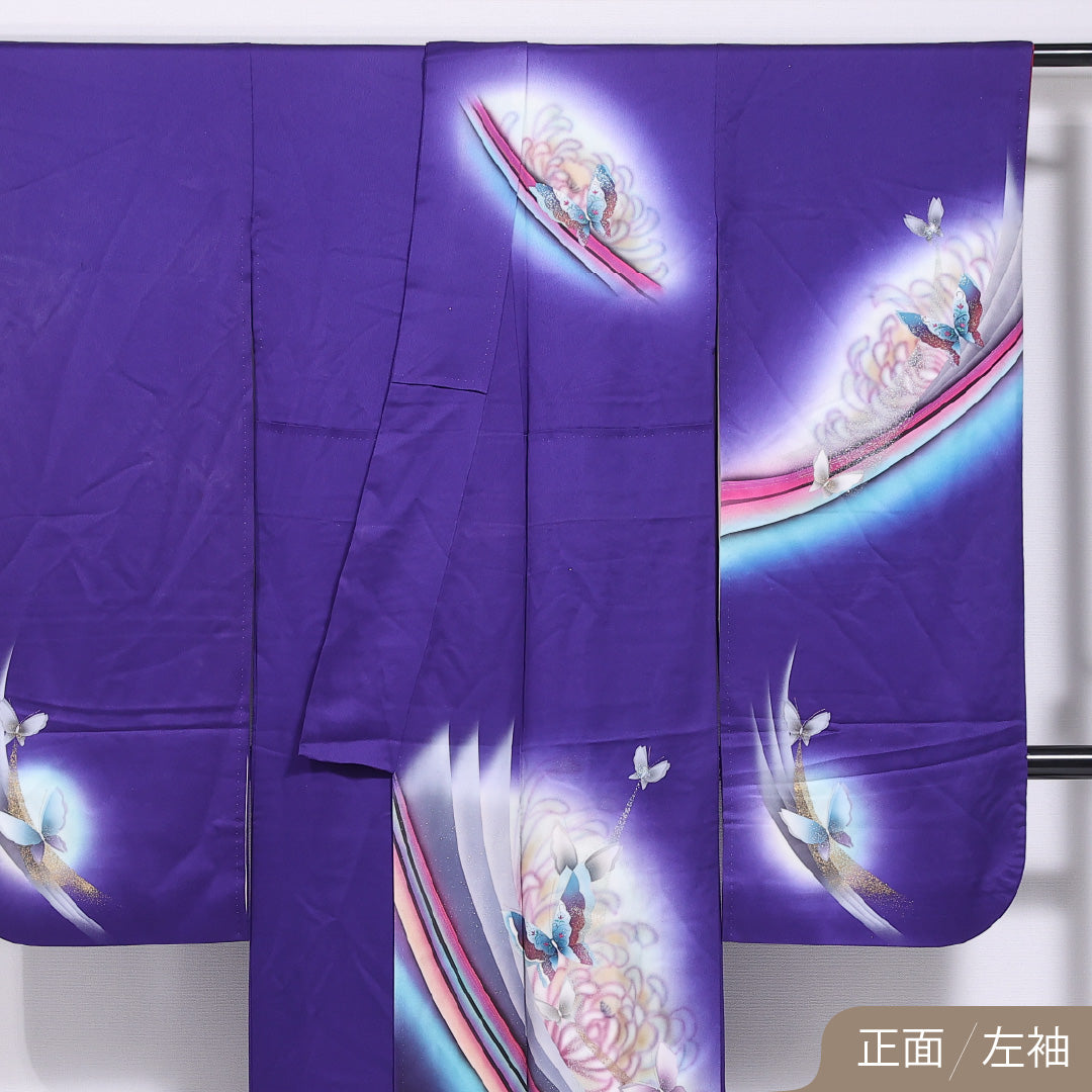 振袖 身丈150cm 裄丈64cm 袷 正絹 Aランク 広衿 蝶 ぼかし ラメ 虹 1213-F0419