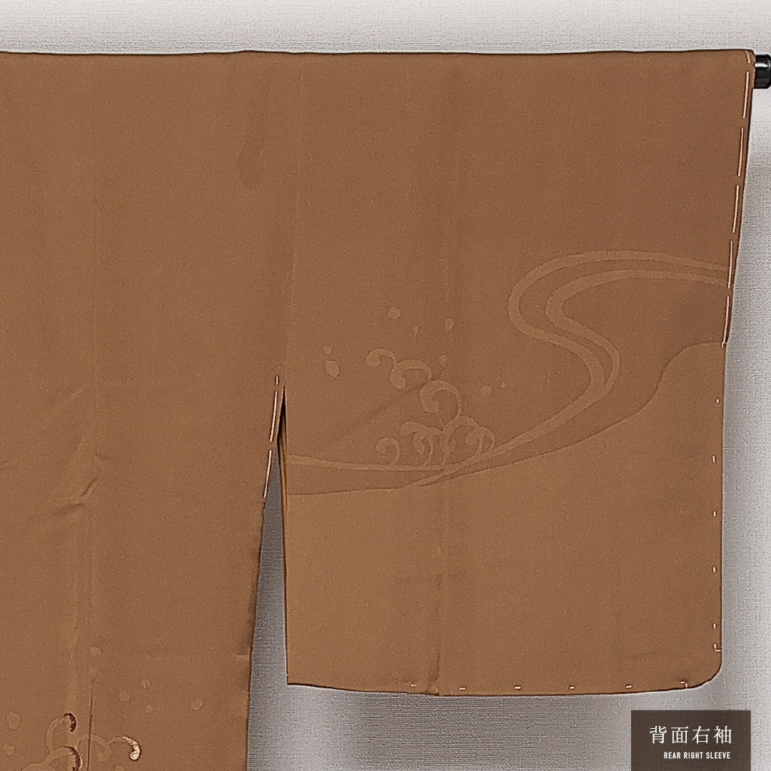 未使用品 道行コート 袷 身丈90cm 裄丈65cm 正絹 Nランク インフォーマル Mサイズ 織り出し 絵羽 ポケットあり しつけ糸 波頭 茶系 RP 1237-13829