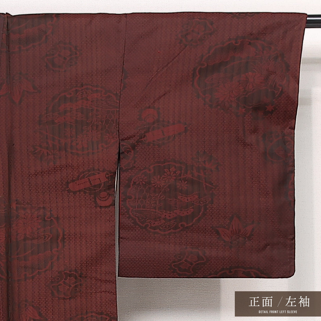 アンティーク お召 袷 身丈147cm 裄丈65cm 正絹 Aランク バチ衿 XSサイズ 雪輪 吉祥文様 赤系 HP 1222-13359