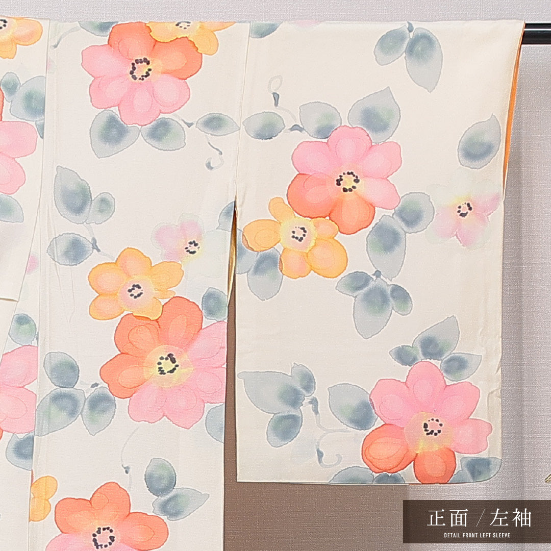 小紋 袷 身丈155cm 裄丈64cm 正絹 Cランク インフォーマル 広衿 Mサイズ 百合 クリーム系 HP 1221-15632