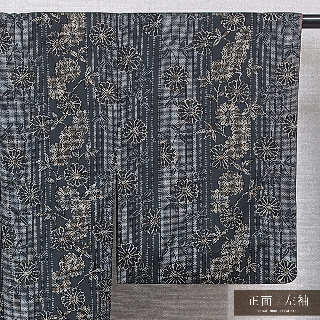 紬 袷 身丈165cm 裄丈64cm 正絹 Sランク カジュアル 広衿 XLサイズ 菊 グレー系 RP 1223-15630