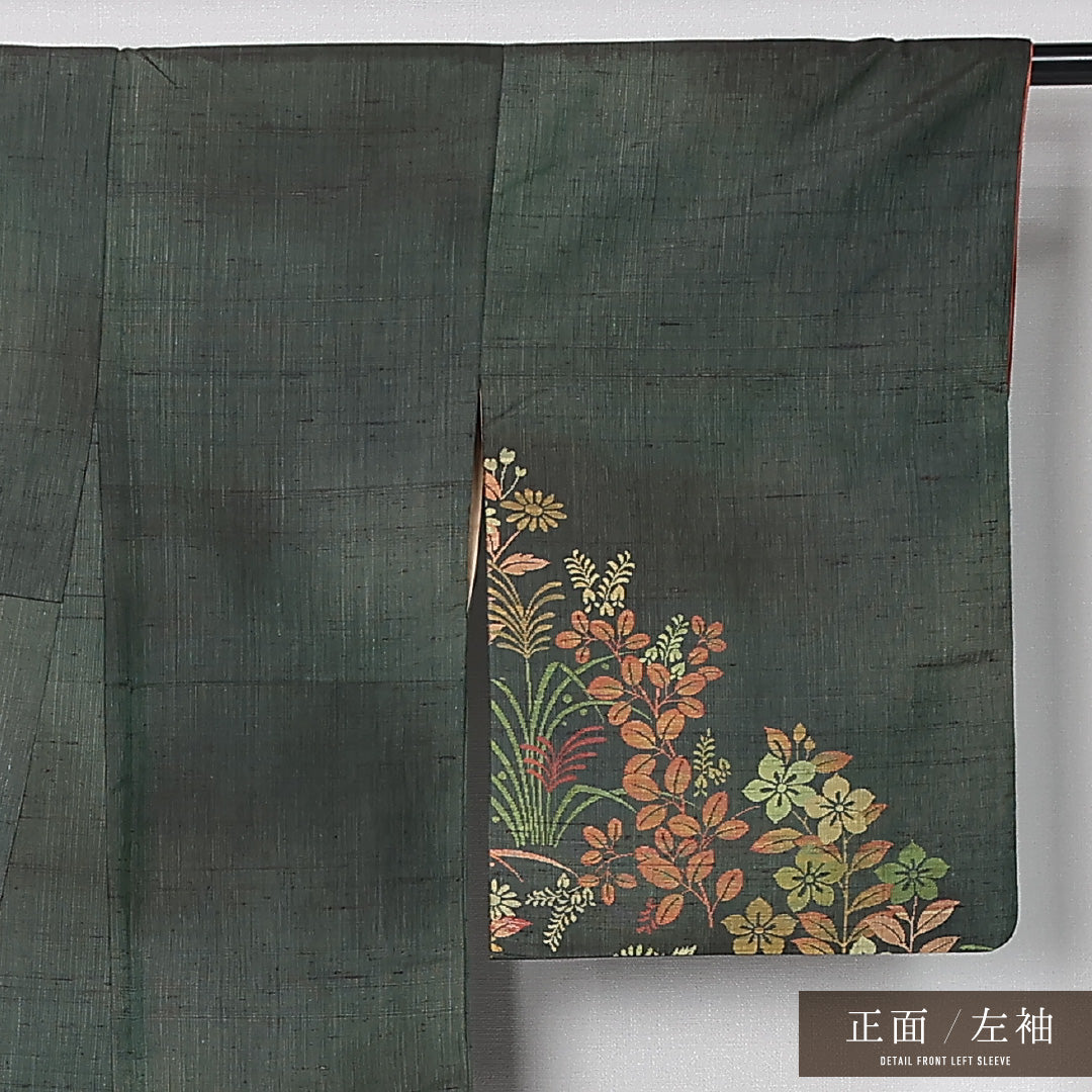 訪問着 袷 身丈160cm 裄丈64cm 正絹 Aランク 一つ紋 (花菱) セミフォーマル 広衿 Lサイズ ぼかし染 花柄 植物柄 緑系 RP 1217-12502
