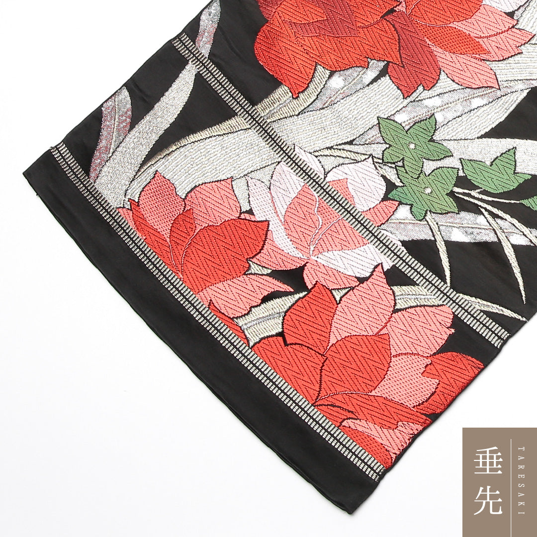振袖用 袋帯 帯丈394cm 正絹 六通 芙蓉 金系 黒系 1243-01220