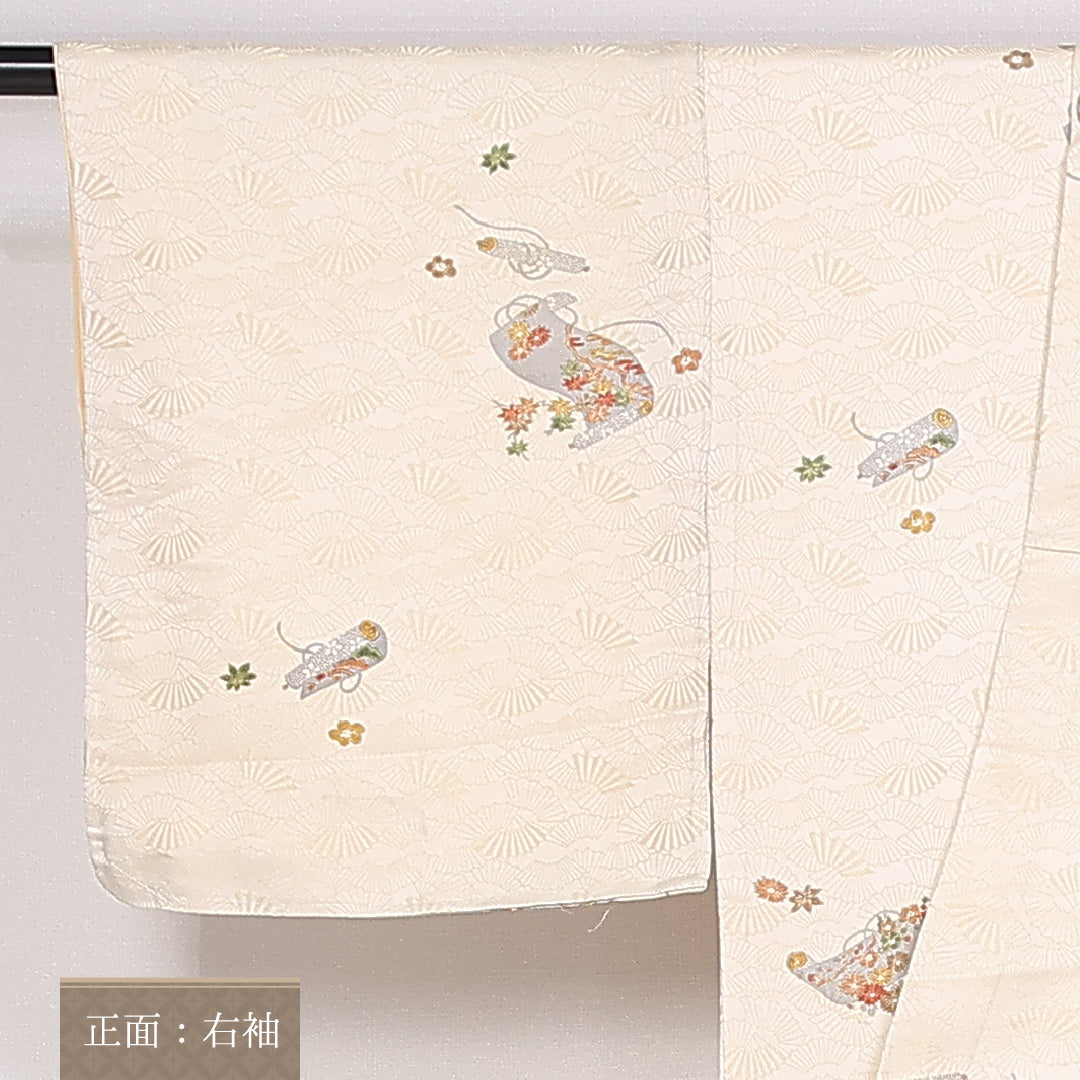 小紋 身丈145cm 裄丈62cm Sランク 袷 正絹 広衿 扇子 巻物 古典柄 1215-10004