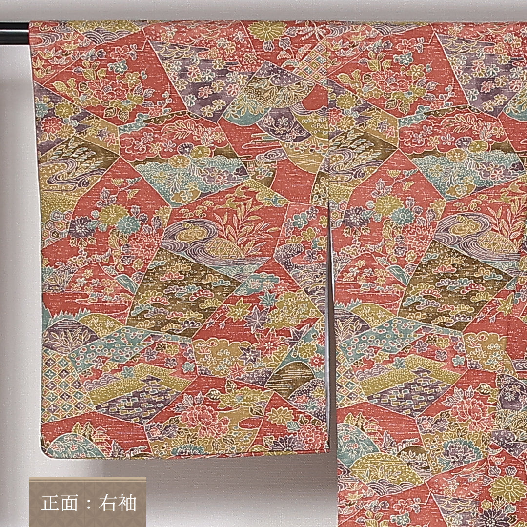 小紋 袷 身丈160cm 裄64cm 正絹 花柄 牡丹 松竹梅 赤系 Sランク 1215-02452