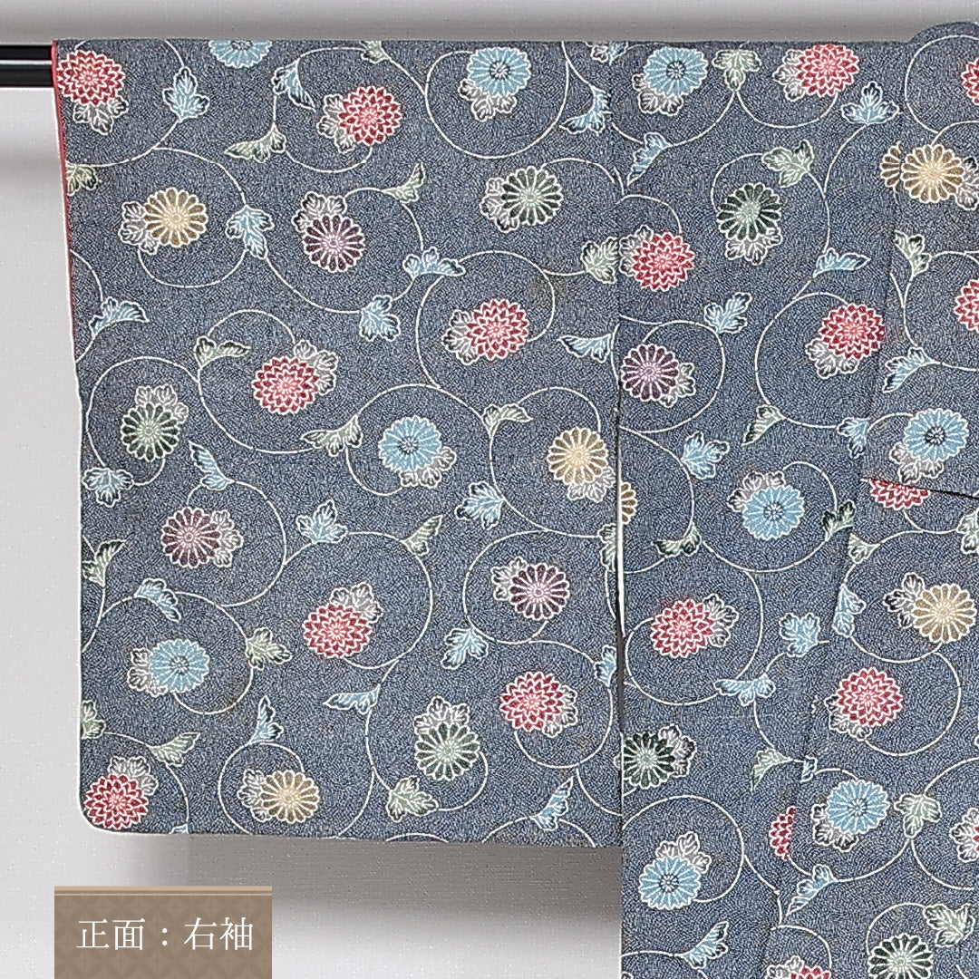 小紋 袷 身丈151cm 裄62cm 正絹 鮫 唐草 菊 青系 Cランク 1215-02439