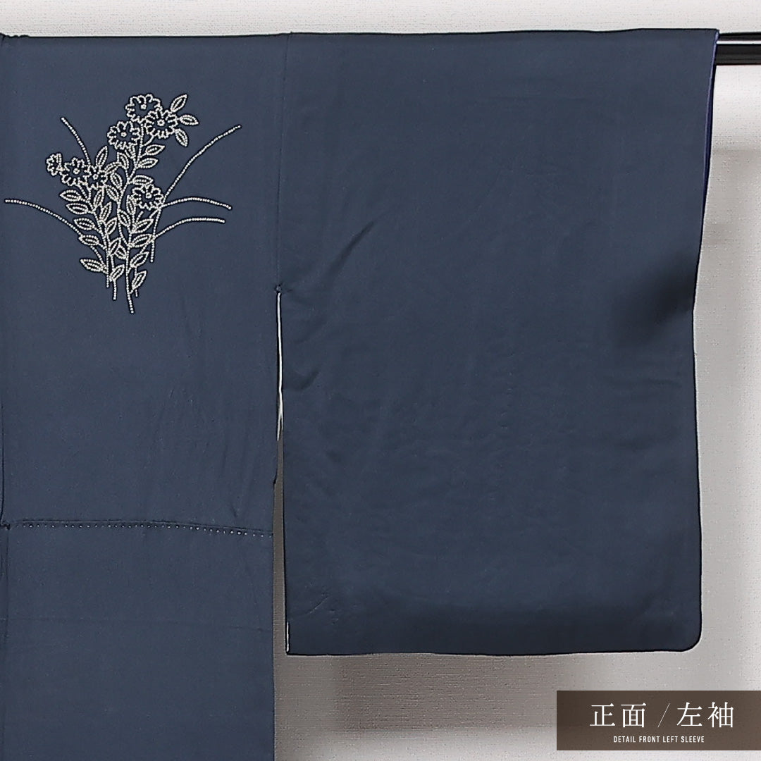 訪問着 袷 身丈148cm 裄丈61cm Aランク 正絹 広衿 XSサイズ セミフォーマル 蘇州刺繍 菊 上品 落ち着き 紺系 1212-13597