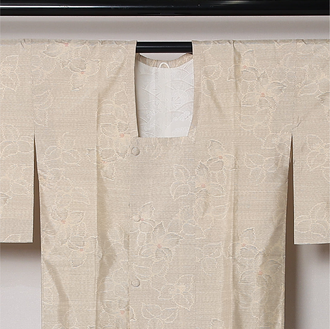 道行コート (白大島紬) 袷 身丈88cm 裄丈66cm 正絹 Aランク カジュアル Mサイズ 花柄 クリーム系 M4 1237-12913