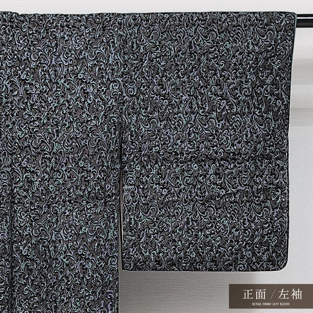 アンティーク お召 袷 身丈144cm 裄丈63cm 正絹 Aランク バチ衿 XSサイズ アラベスク文様 紺系 RP 1222-14451