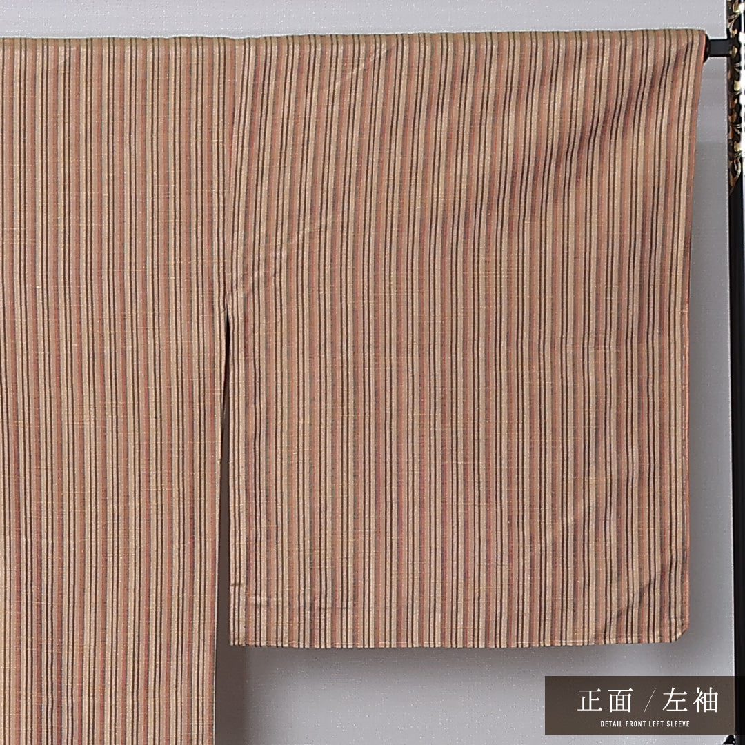 紬 単衣 身丈163cm 裄丈67cm 正絹 Sランク カジュアル 広衿 Lサイズ 縞 茶系 RP 1223-12267