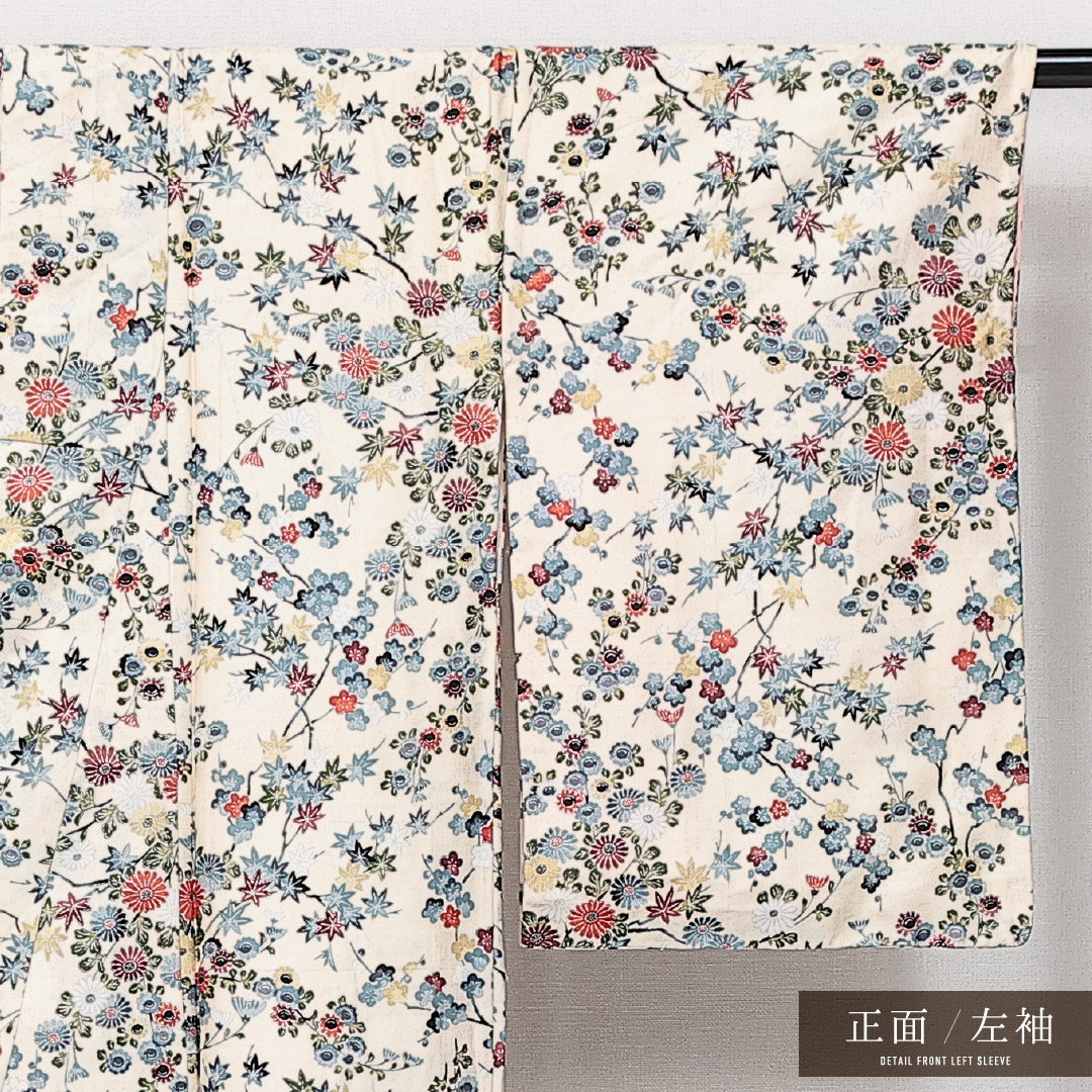 紬 袷 身丈146cm 裄丈63cm 正絹 Aランク カジュアル 広衿 XSサイズ 染め紬 菊 紅葉 クリーム系 RP 1223-14604