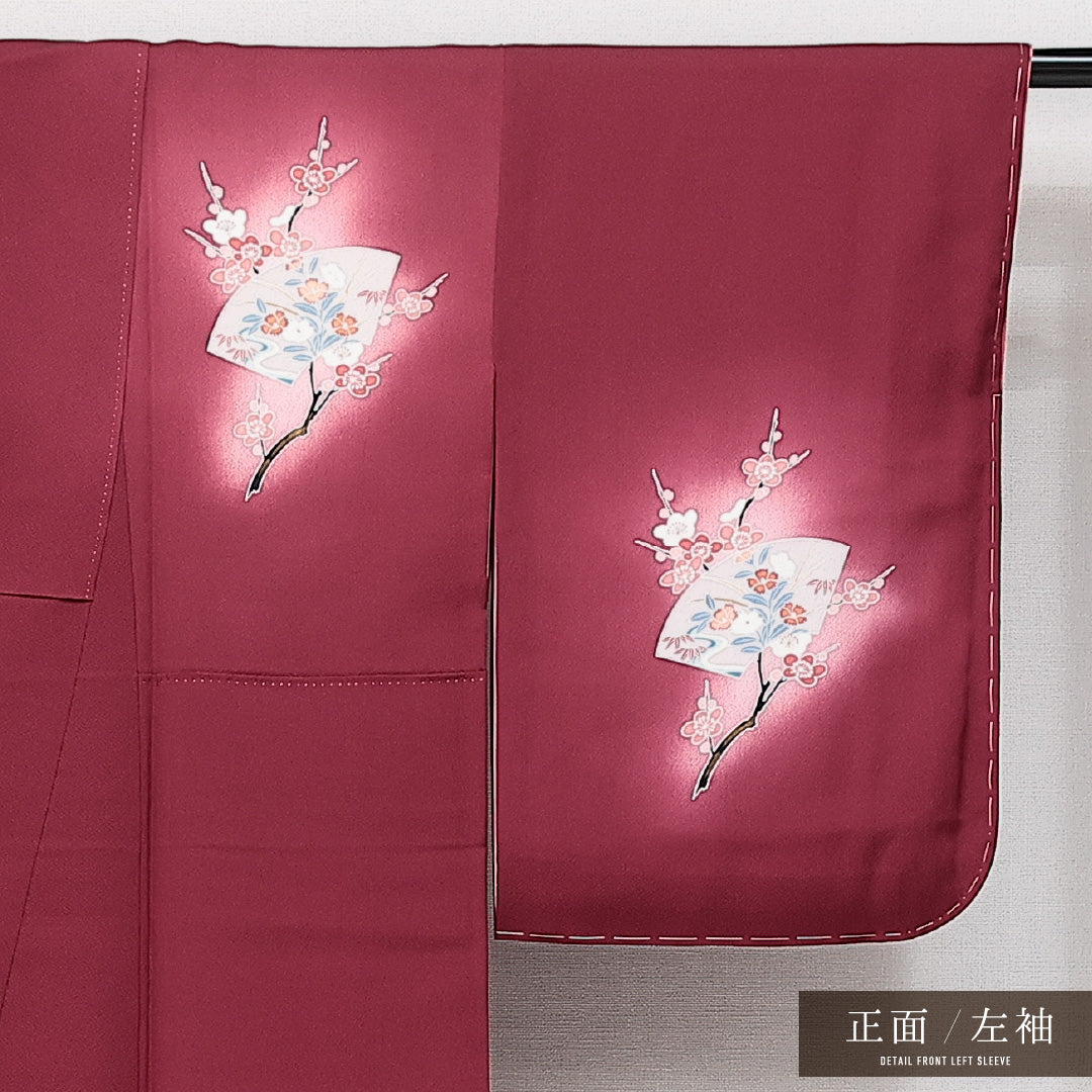 未使用品 訪問着 袷 身丈157cm 裄丈62cm 正絹 Nランク セミフォーマル 広衿 Mサイズ しつけ糸 御所車 扇 赤系 M4 1217-14241