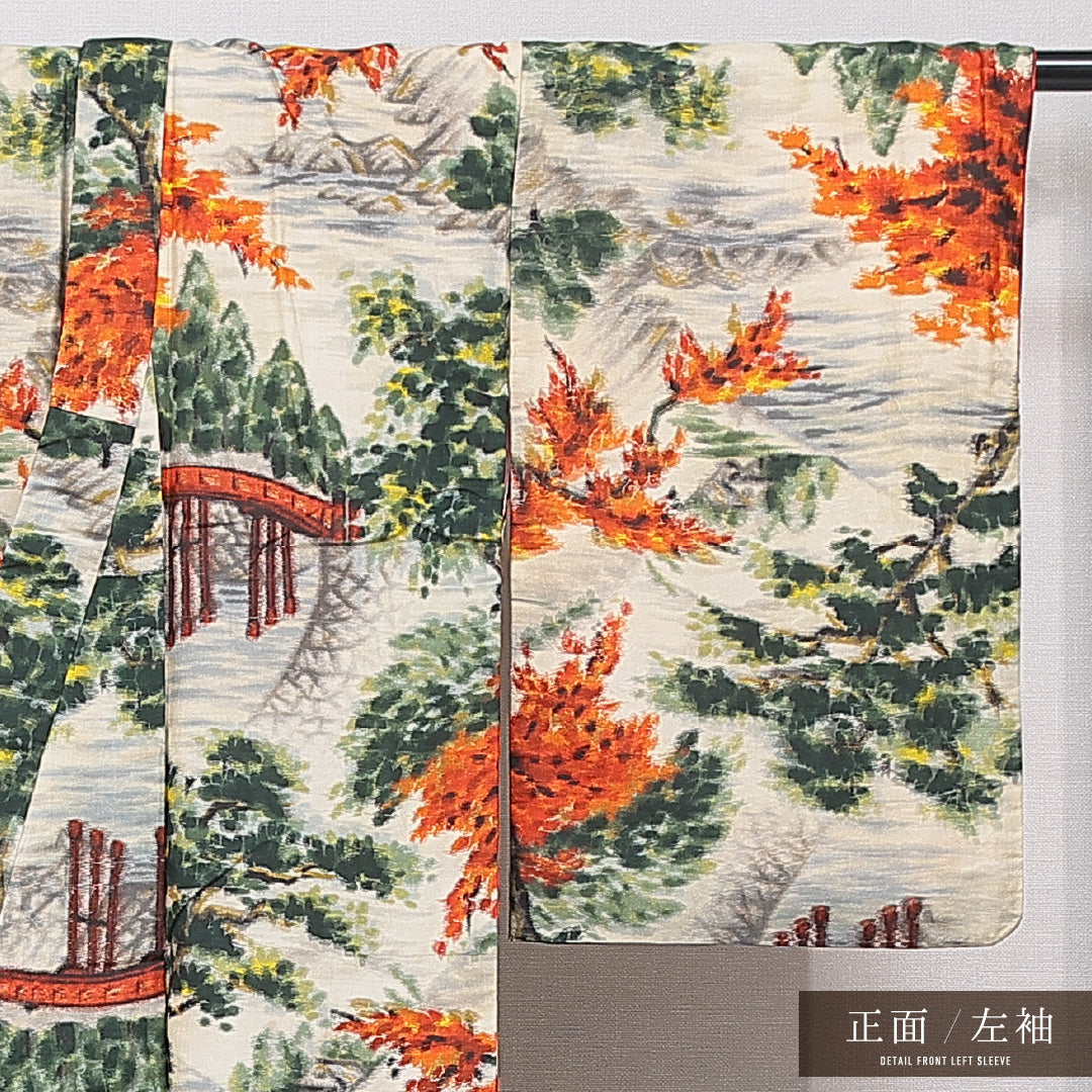 アンティーク 紬（銘仙） 袷 身丈144cm 裄丈61cm 正絹 Aランク XSサイズ バチ衿 橋 松 クリーム系 多色系 1216-15624