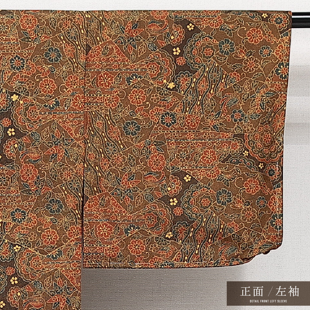 洗える着物 小紋 袷 身丈152cm 裄丈61cm ポリエステル Sランク インフォーマル バチ衿 Sサイズ 更紗 茶系 RP 1221-14215