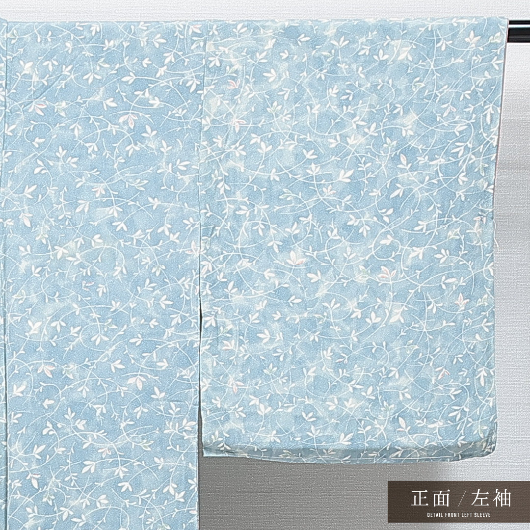小紋 袷 身丈152cm 裄丈60cm 正絹 Aランク Sサイズ 広衿 インフォーマル 植物柄 水色系 1215-14860