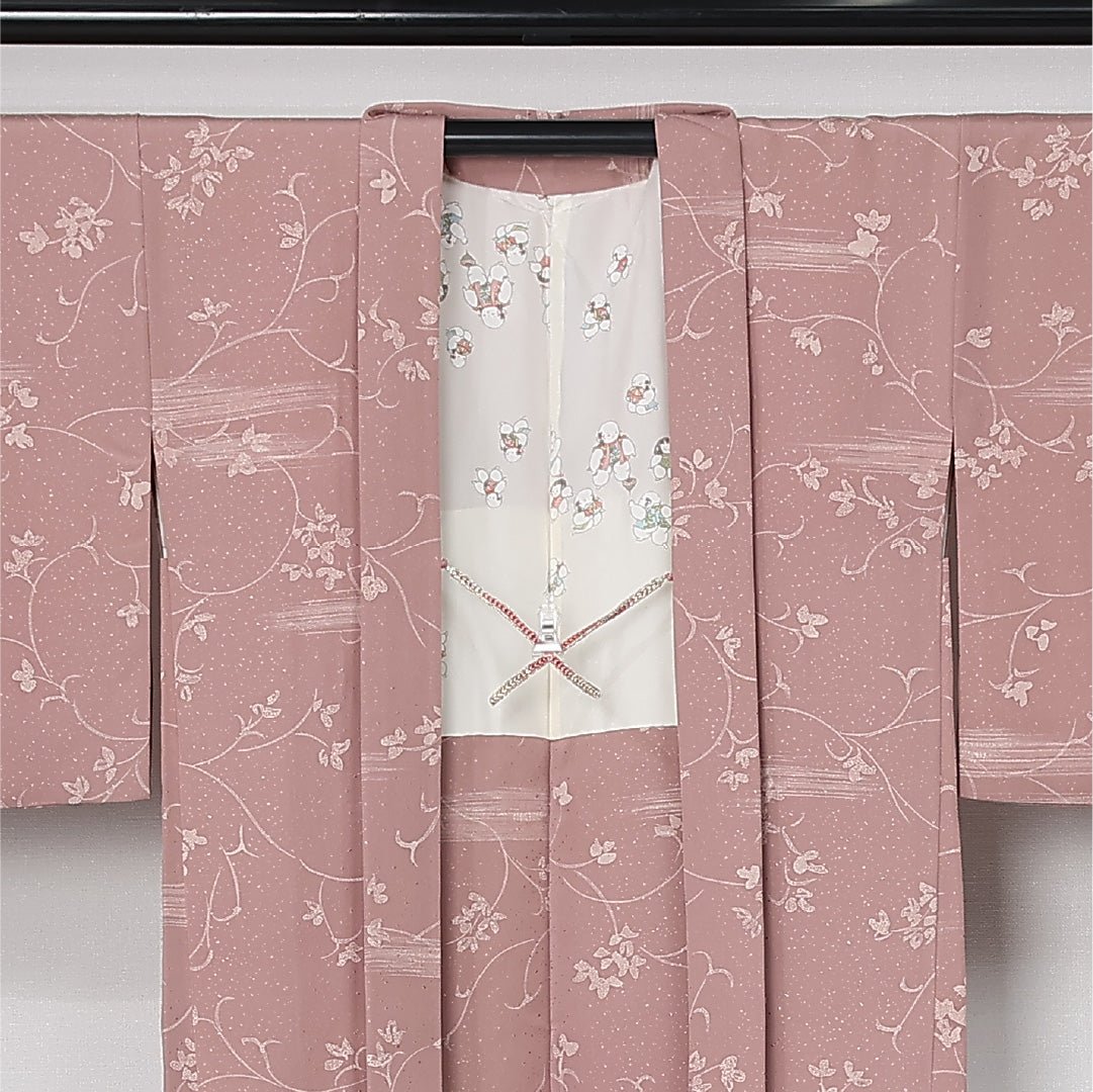 羽織 袷 身丈75cm 裄丈63cm 正絹 Sランク カジュアル Sサイズ 紐あり 唐草 ピンク系 RP 1232-12560
