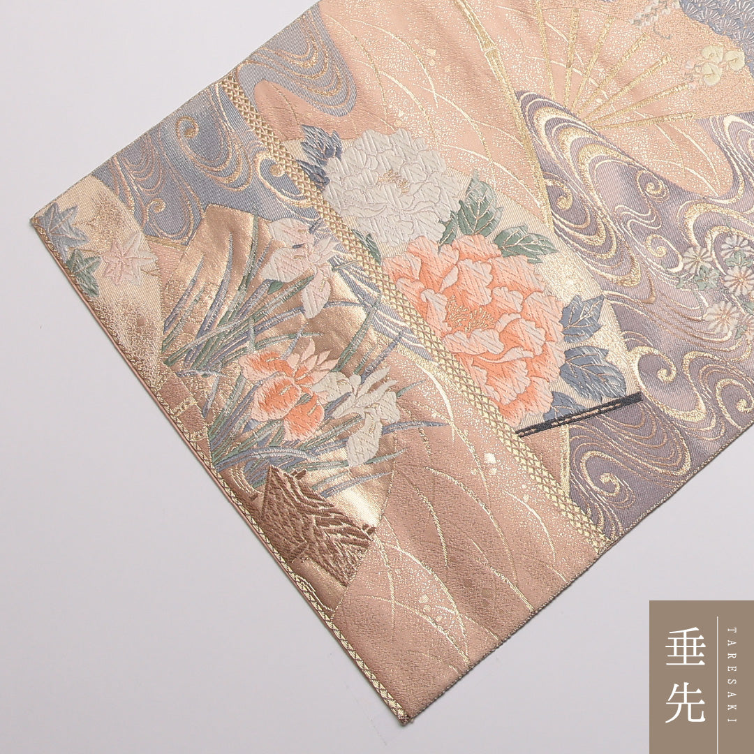 袋帯 帯丈428cm 正絹 六通 末広光琳文 フォーマル 琳派 九百錦 扇流し 光琳波 ピンク系 1243-01373