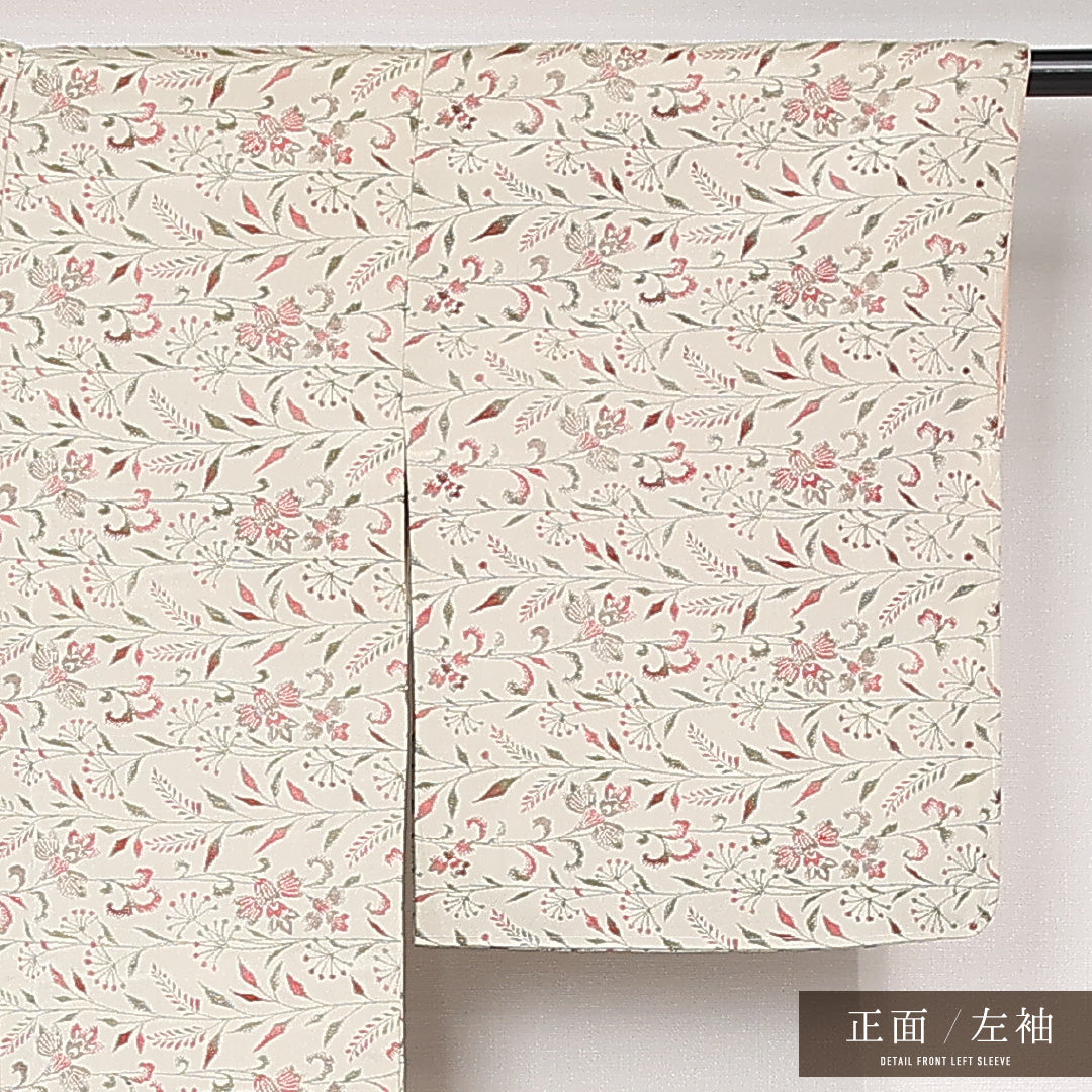 お召 袷 身丈159cm 裄丈63cm Aランク 正絹 バチ衿 Mサイズ インフォーマル しつけ糸 花柄 クリーム系 レトロ 可愛らしい 1265-13147