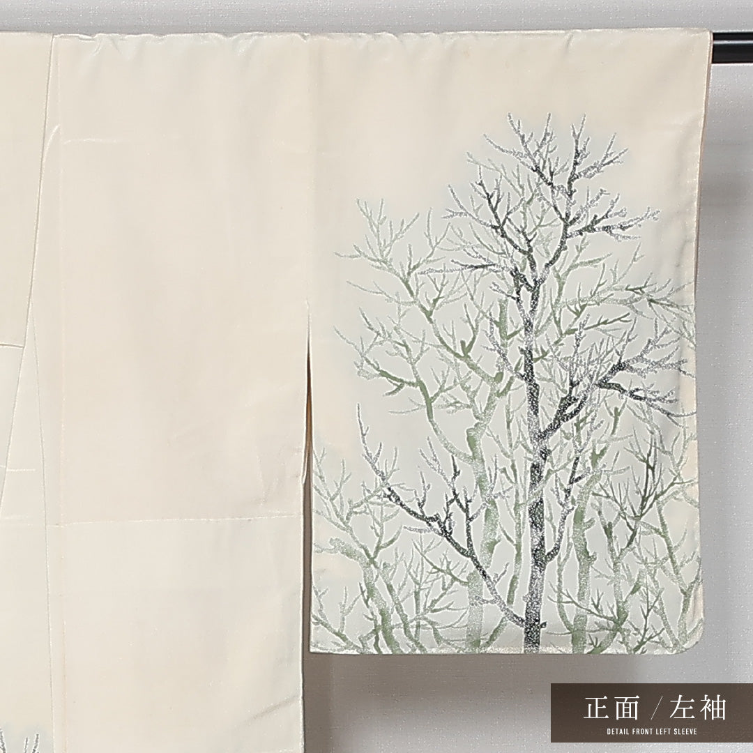 アンティーク 訪問着 お召 身丈154cm 裄丈63cm Cランク S 正絹 袷 広衿 樹木 アンティーク 白系 1212-11900