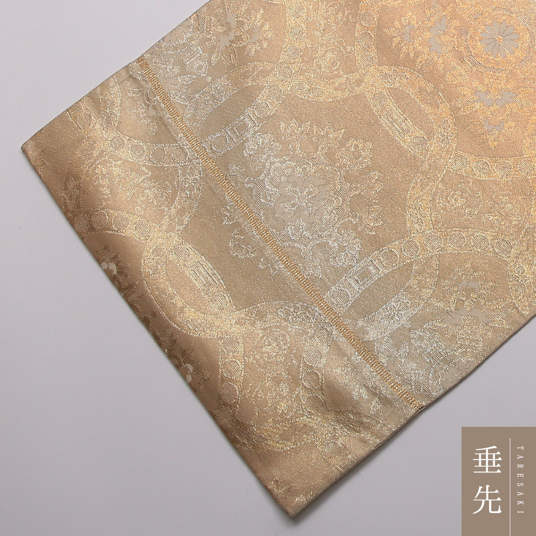 袋帯 帯丈422cm 正絹 六通 フォーマル 宝相華 引箔 ベージュ系 1243-01344