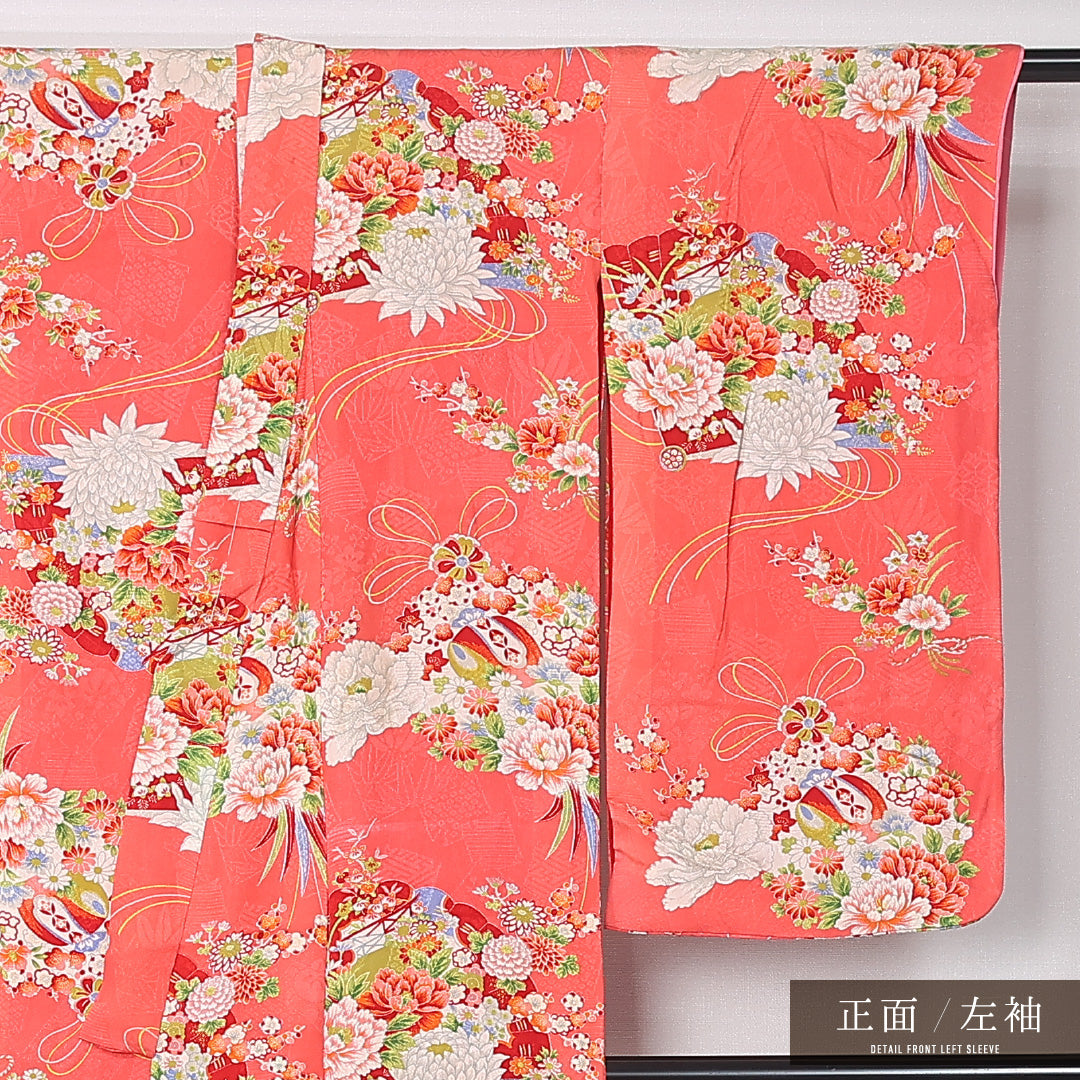 アンティーク 小紋 (錦紗) 袷 身丈139cm 裄丈60cm 正絹 Aランク バチ衿 XSサイズ 扇 花柄 朱系 M4 1221-12427