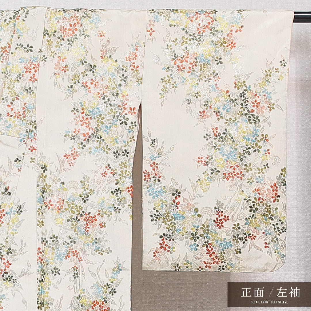 紬 袷 身丈162cm 裄丈64cm 正絹 Cランク カジュアル バチ衿 Lサイズ 花柄 クリーム系 LP 1223-15615