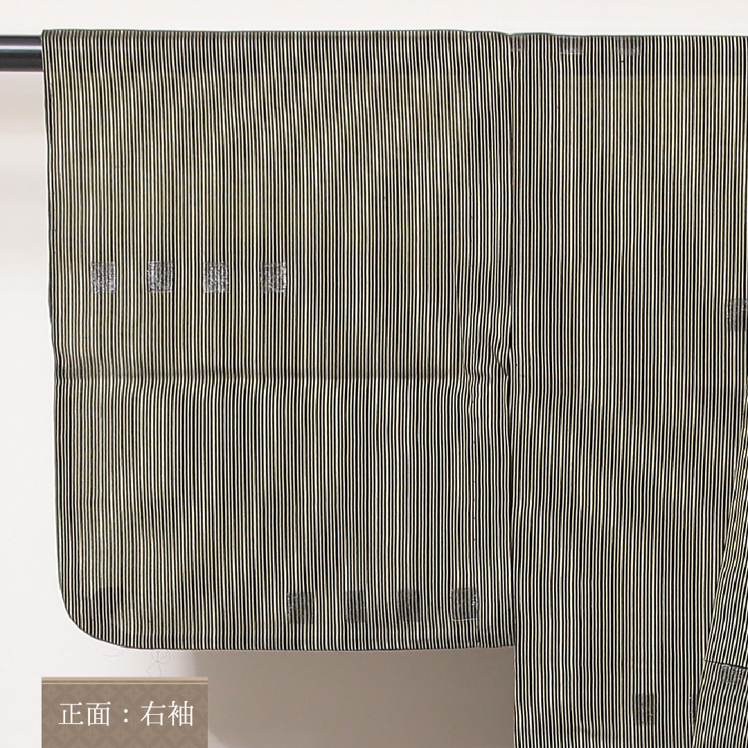 お召 夏物 夏物 身丈146cm 裄丈62cm 正絹 Aランク XSサイズ バチ衿 インフォーマル 縞 緑系 黄系 1265-02175