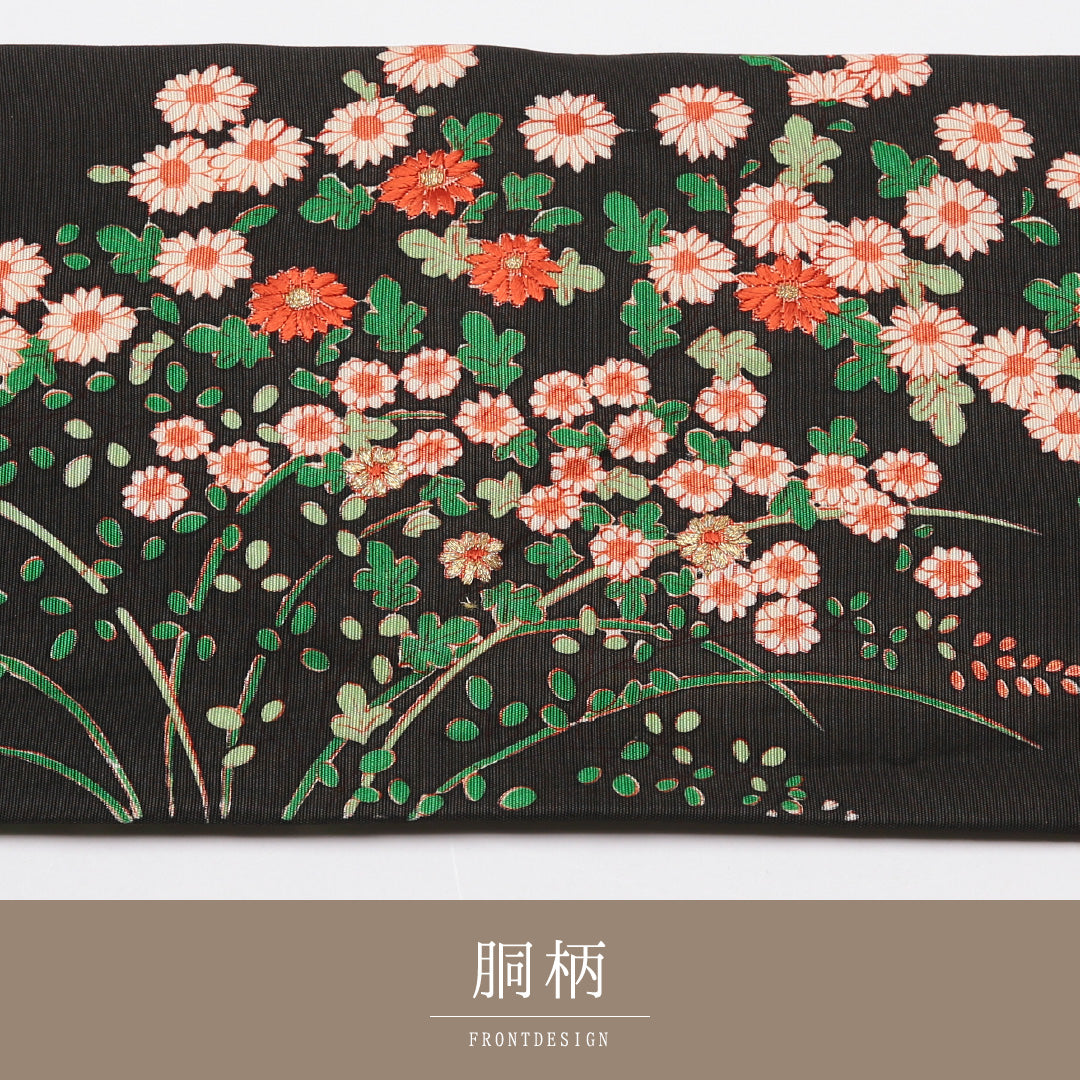 九寸名古屋帯 Aランク 帯丈376cm 正絹 ポイント柄 名古屋仕立て 染め セミフォーマル 塩瀬 花車 黒系 RP 1245-01816
