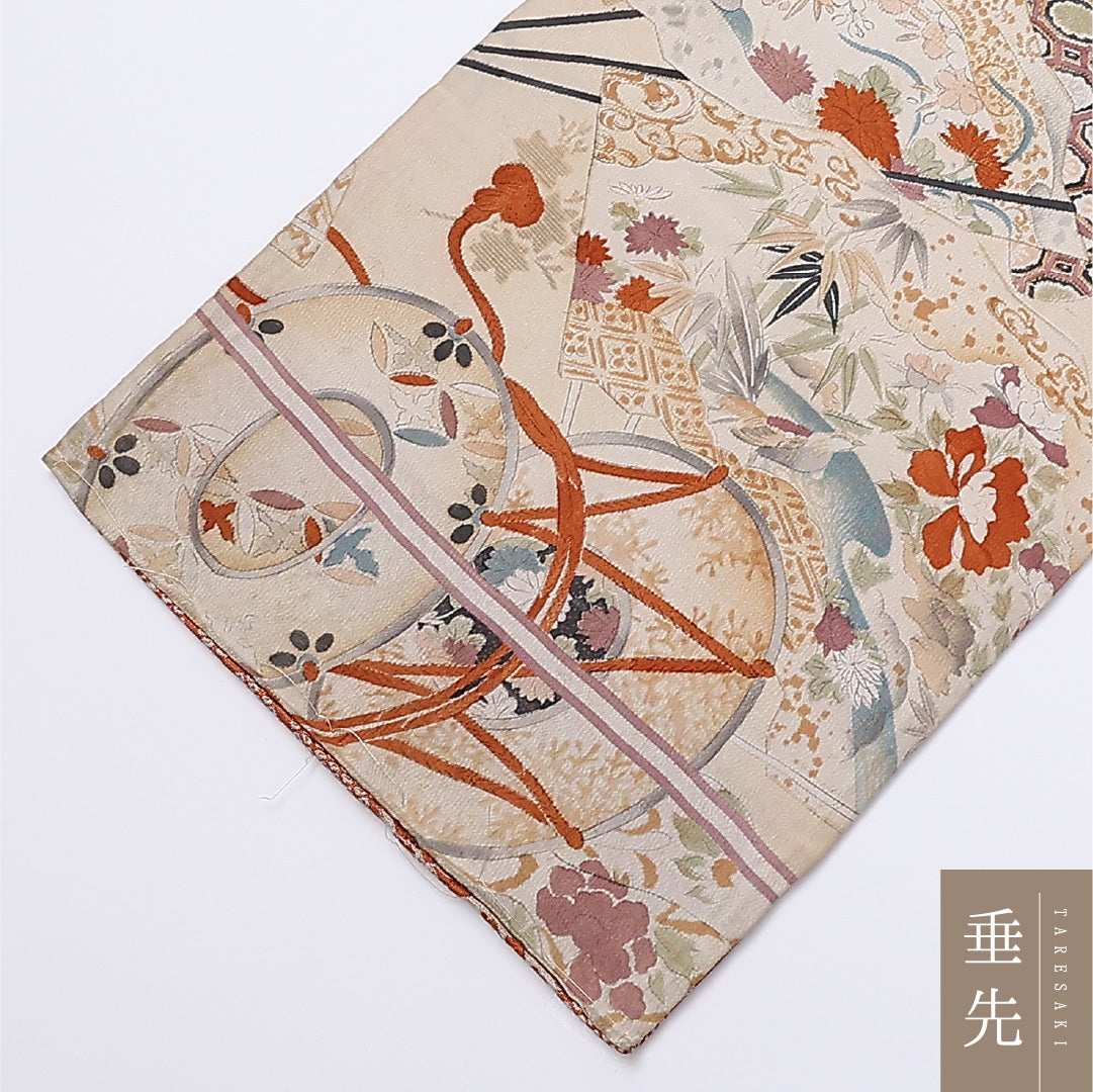 アンティーク 京袋帯 名古屋帯 帯丈370cm 全通 袋仕立て Cランク セミフォーマル リバーシブル 正絹 クリーム系 1224-01364