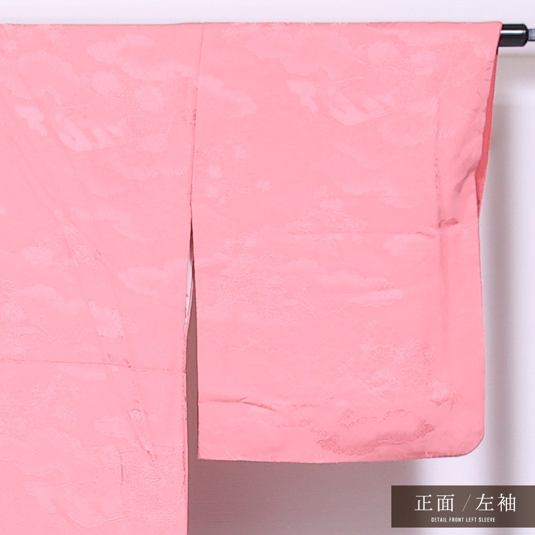 色無地 袷 身丈164cm 裄丈63cm 正絹 Bランク 紋意匠 (菊) インフォーマル 広衿 Lサイズ 雲取り 無地 ピンク系 HP 1219-11547