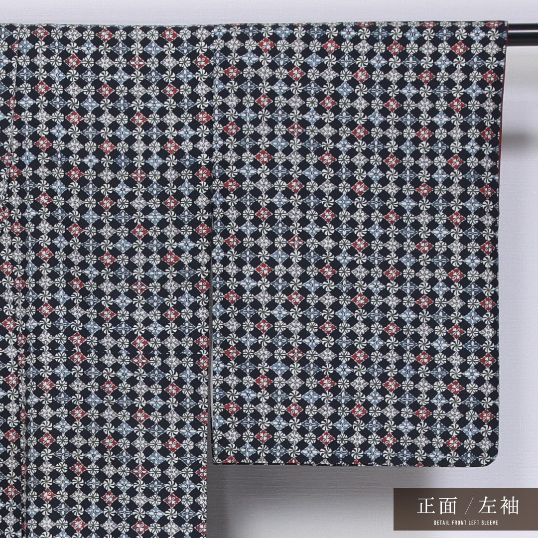 小紋 袷 身丈154cm 裄丈62cm 正絹 Cランク インフォーマル 広衿 Sサイズ 花菱 風車 黒系 LP 1221-11411