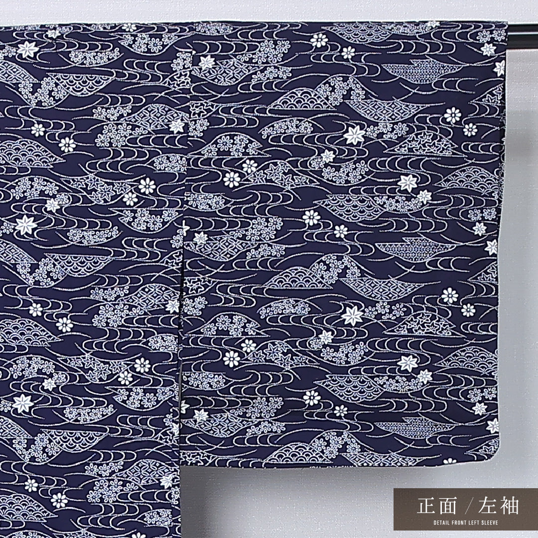 浴衣 身丈159cm 裄丈62cm Bランク M 木綿 洗える着物 単衣 バチ衿 観世水 青海波 菊 楓 カジュアル 紺系 1218-12300